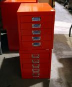 Two red metal Bisley five-drawer table top cabinets (2)