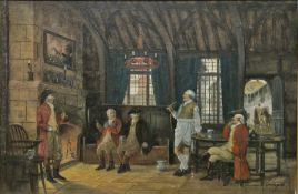 Oil on canvas by E Larroque, interior tavern scene with gentlemen in conversation