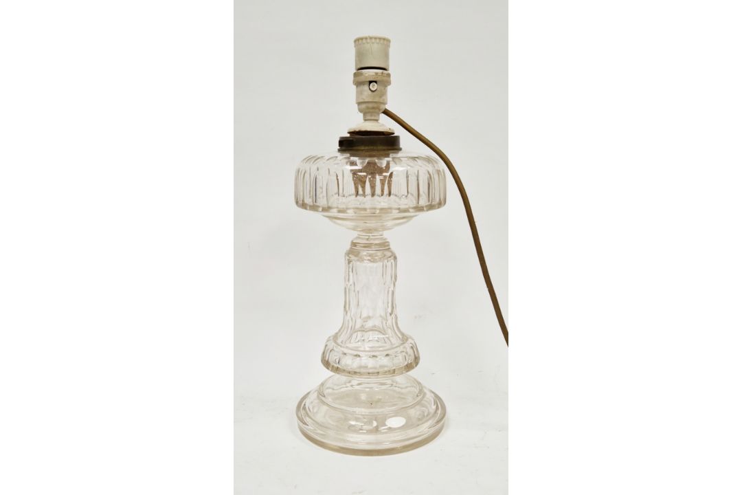 Early 20th century cut glass table lamp, with stepped lens-cut upper tier, honeycomb stem and lens- - Image 1 of 3