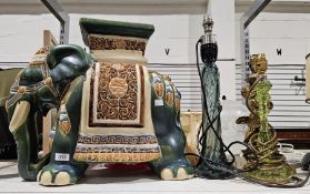 Large ceramic elephant pot stand/stool,  a brass lamp of a child holding a cornucopia and two