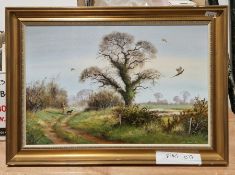 Bill Haines Oil on canvas  Shooting scene with pheasants in flight