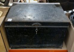Late 19th/early 20th century black painted metal trunk of rectangular form with two handles and