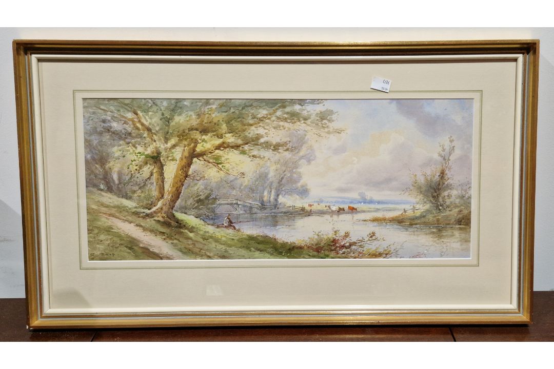 Collection of pictures including landscape scene with man fishing, signed, watercolour of trees by B - Image 9 of 15