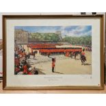 Limited edition signed print 'Trooping the Colour' after Terence Cuneo, 488/850 and two oils on