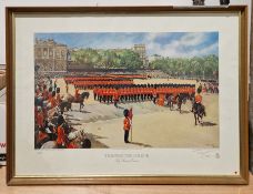 Limited edition signed print 'Trooping the Colour' after Terence Cuneo, 488/850 and two oils on
