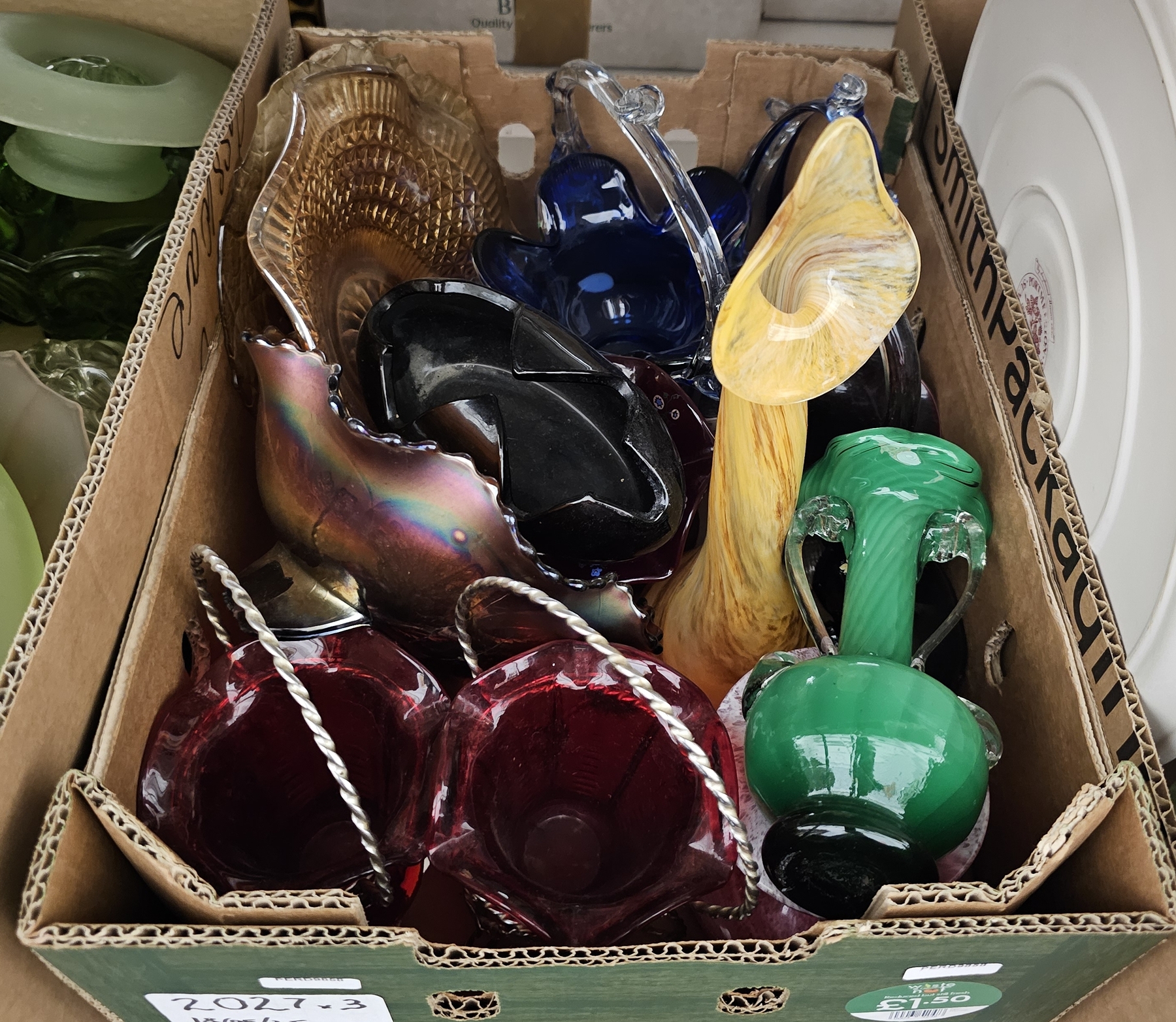 Quantity of glassware including Carnival glass bowls and dishes, spiral green glass spill vase - Image 2 of 3