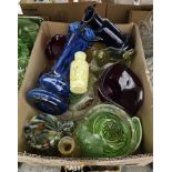 Quantity of glassware including a large studio glass vase, blue pouring jug, bowls, dishes, etc (2