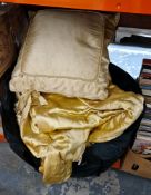 Two pair of vintage gold silk lined pleated curtains with ropetwist piping and a matching cushion