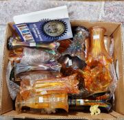 Box of carnival glass in purple and orange tints, predominantly flared, flower vases and a field
