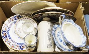 Assorted English pottery and porcelain including a Worcester cylindrical blue and white mug, printed