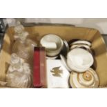 Two swirled glass decanters, three small lidded pots Arabian Prpirtti, two Denby lidded pots and