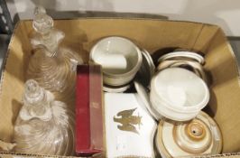 Two swirled glass decanters, three small lidded pots Arabian Prpirtti, two Denby lidded pots and