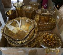 Quantity of carnival glassware including amber lily form vase, a square amber glass trifle dish
