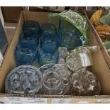 Quantity of glassware including a set of six mid-century moulded blue glass drinking cups with