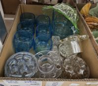 Quantity of glassware including a set of six mid-century moulded blue glass drinking cups with