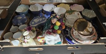 Royal Doulton The Old Balloon Seller figure, three blue Wedgwood Jasperware trinket boxes, a