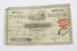 Tweed Bank Berwick, five pound note dated 1st May 1839 for Batson, Berry and Langhorn (outing 127c),