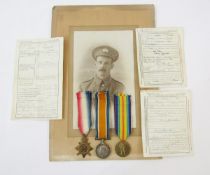 WWI 1914 star trio of local interest, 1914 star, war medal and victory medal named to '9889.PTE.W.