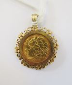 1911 22ct gold half sovereign, mounted within a 9ct gold pendant, gross weight approx 7.8g (please