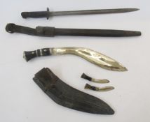 WWI 1907 pattern Sanderson bayonet with leather scabbard, Gurkha kukn with horn handle, leather