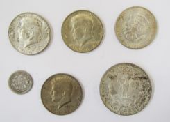 US coinage 19th/20th century, 1921 Morgan dollar, mottled toning, (4) Kennedy half dollars, 3 x 1964