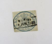 Stamp of Finland: Early used 1858 definitive issue 5k blue imperforate on wove paper, large pearls
