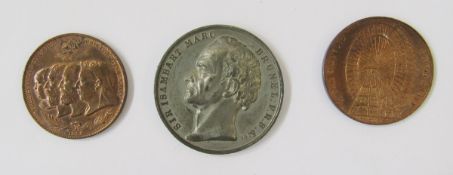 Medallions (3), white metal, Brunel left, rev Thames tunnel, bronze medallion of the generations