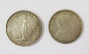Edward VII trade dollar 1909, Britannia standing upfront of ship holding staff and Union Jack