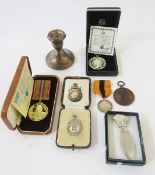 Suez medal in original box, three silver medal/fobs, bronze music medal dated 1883, silver
