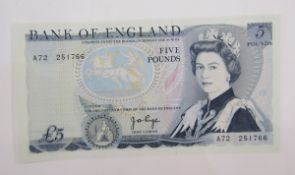 Bank of England £5, signed J B Page, prefix A72 251766, November 1971 series D, Queen Elizabeth II