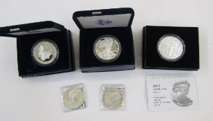 United States silver dollars (5), (2) 2006 proof silver 1oz, 2002 uncirculated 1oz, 1984 Los Angeles