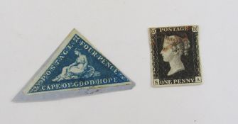 GB & Br Empire: Penny black ‘SA’, 4 margin, red MC, and Cape triangular 4d blue amongst small