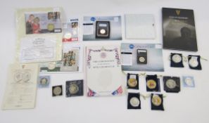 Collection (14) commemorative coins, (2) silver, Charles and Camilla first day cover with silver