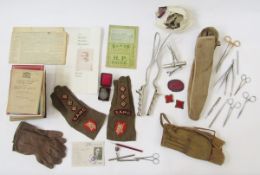 WWII chrome field surgery kit in canvas bag and a field surgery pocket book revised 1950, RAMC