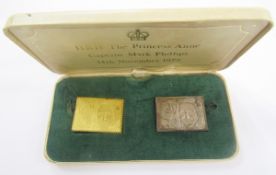 Royal Wedding stamp replicas (2), portraits of HRH Princess Anne and Captain Mark Phillip, struck in