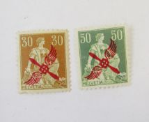 Stamps of Switzerland: First Swiss air issue of 1919-20, mint 30c pale green & gold-brown and 50c