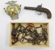 Antique percussion cap pistol with wooden handle, steel barrel and mechanism, an AA car badge ref