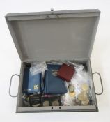Large metal box containing a large quantity of coins both UK and world, with (2) medallions, the
