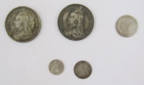 Victoria silver (5) coins, (2) crowns 1890 and 1892, 1866 shilling, 1893 sixpence and 1854 groat,