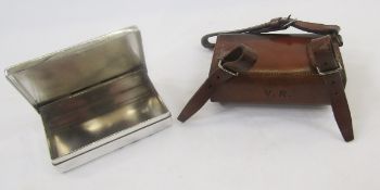 Leather bicycle bag marked ‘VR’ with 3 straps which contains silver plated box marked ‘Harrods’