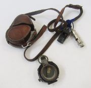 WWI military pocket compass, Verner's patent pattern, dated 1915, no.11496, and the leather case,