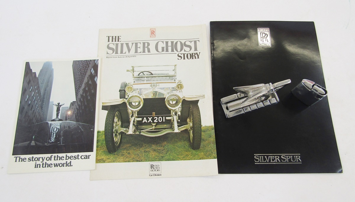 Bentley chrome 'Flying B' car mascot, 10cm wide x 6cm high with chrome stand, 3 Rolls Royce leaflets - Image 2 of 3