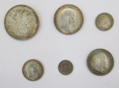 Edward VII 1902 currency issued full silver set of coins, crown, half crown, florin, shilling,