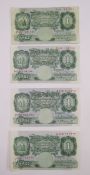 4 x Bank of England one pound notes (1) series A Britannia issue, signed C P Mahon (November