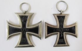 Two WWI Iron Cross and 2nd class medals, one has ring-stamped 'K.O.'.