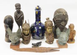 Two Benin bronze-style cast busts, tallest 20cm high, plaster busts of two Egyptian cats, 16cm high,