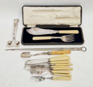 19th century silver plated meat skewer by Henry Atkins, 41cm long, a cased silver plate serving fish