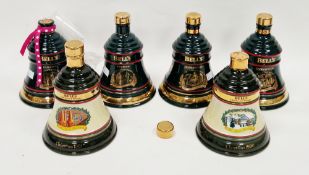 Six Bells ceramic Christmas whisky decanters dating from 1990 to 1995, each housing 70cl, 40% vol