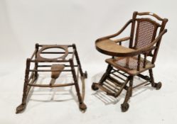 19th century French metamorphic child's high chair and walking frame with cane seat and back, turned