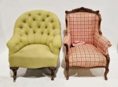 19th century-style small wingback armchair with foliate scroll carved back rail and scrolling carved